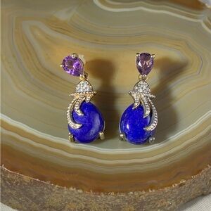 STERLING SILVER AMETHYST LAPIS DIAMOND ACCENT DROP DANGLE EARRINGS